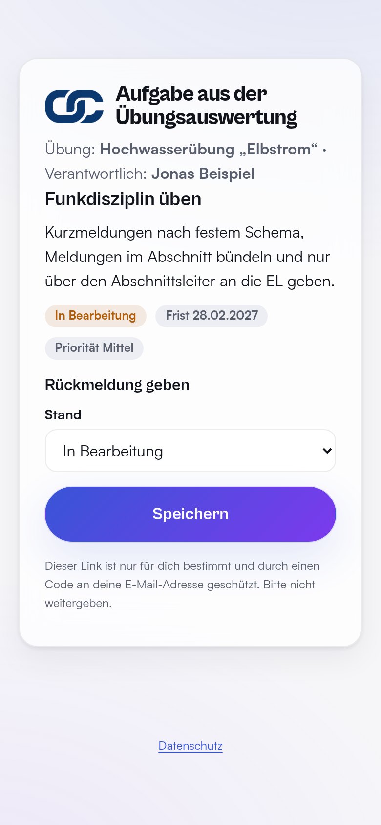 Aufgabenseite für Verantwortliche am Handy – Demodaten