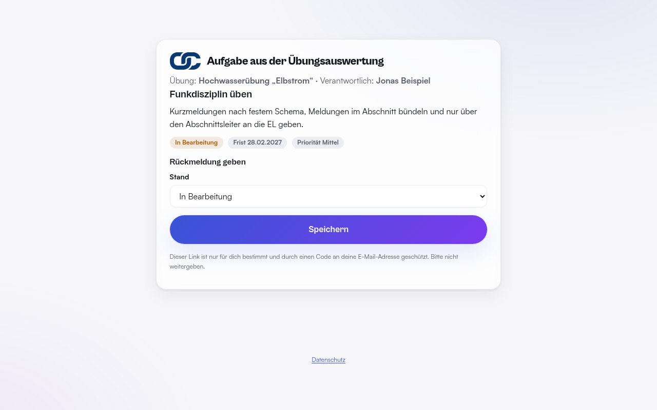 Aufgabenseite für Verantwortliche am PC mit Stand und Frist – Demodaten