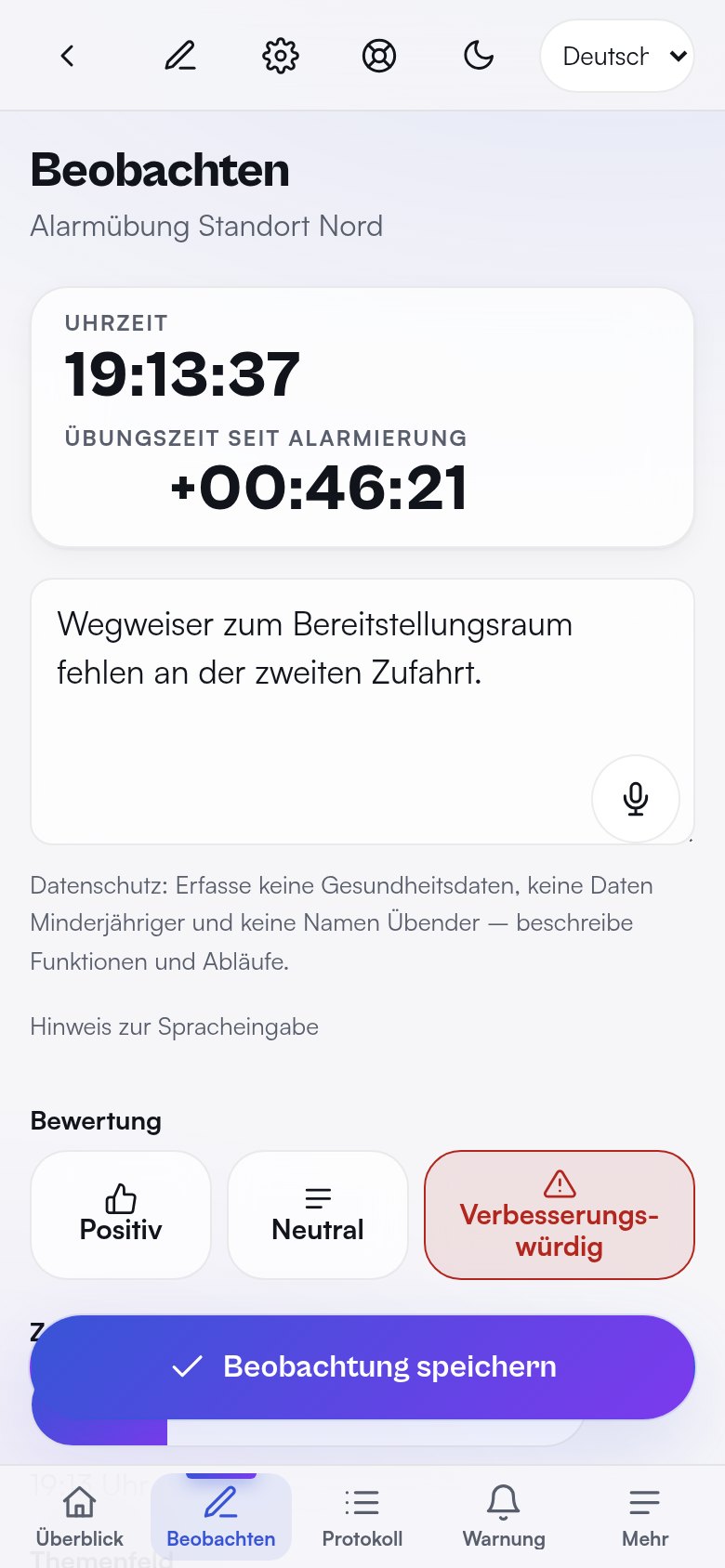 Erfassungsmaske am Handy mit Uhrzeit, Textfeld und Zeitpunkt – Demodaten