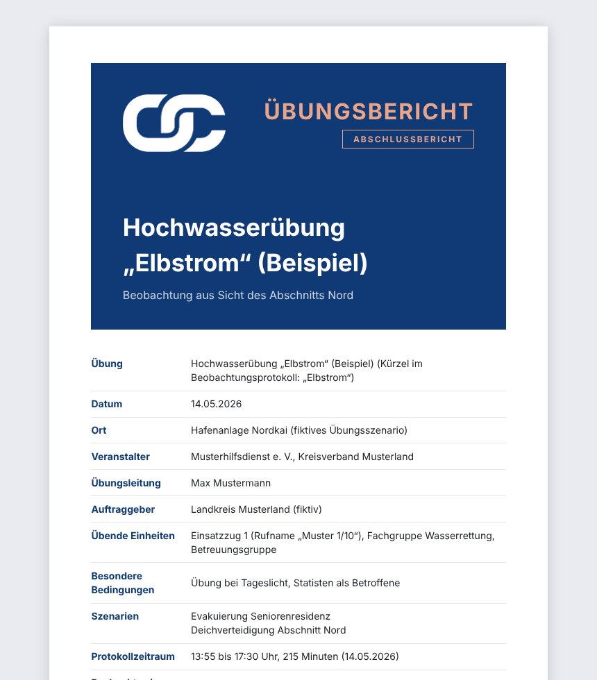 Deckblatt eines Übungsberichts – Demodaten