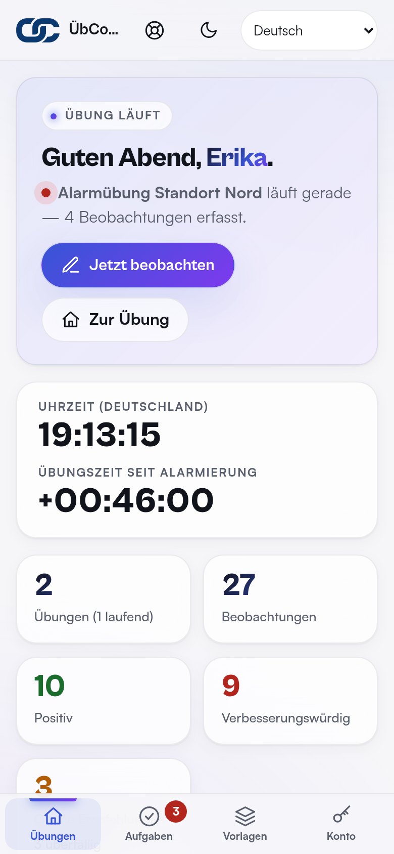 Dashboard des Beobachtungsmoduls am Handy mit laufender Übung und Kennzahlen – Demodaten