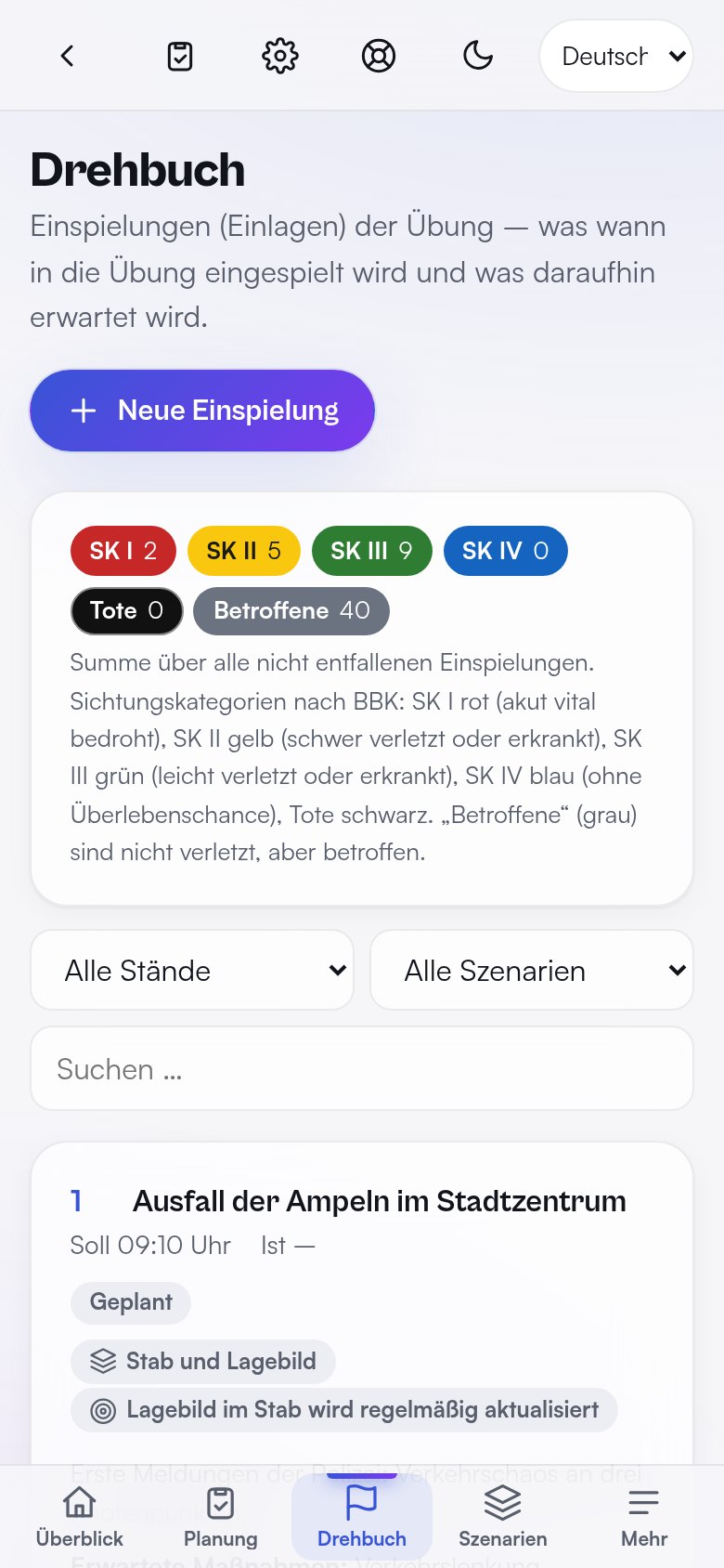 Drehbuch am Handy als Karten mit Einspielungen – Demodaten