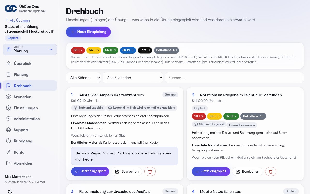 Drehbuch einer geplanten Übung am PC mit Einspielungen, Sichtungszahlen im Farbcode und Hinweis Regie – Demodaten