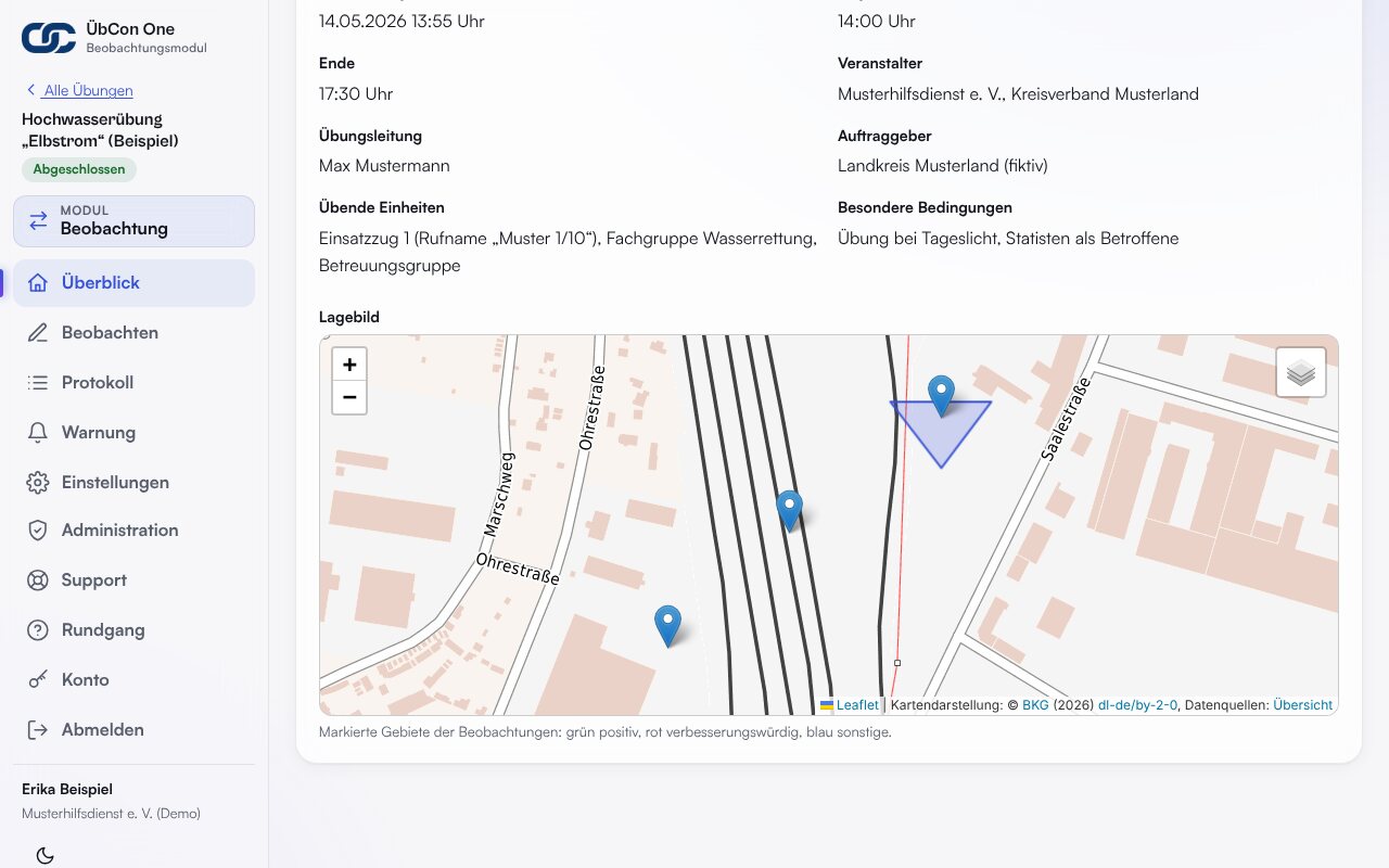 Lagebild auf der Karte mit Übungsort und markierten Gebieten – Demodaten