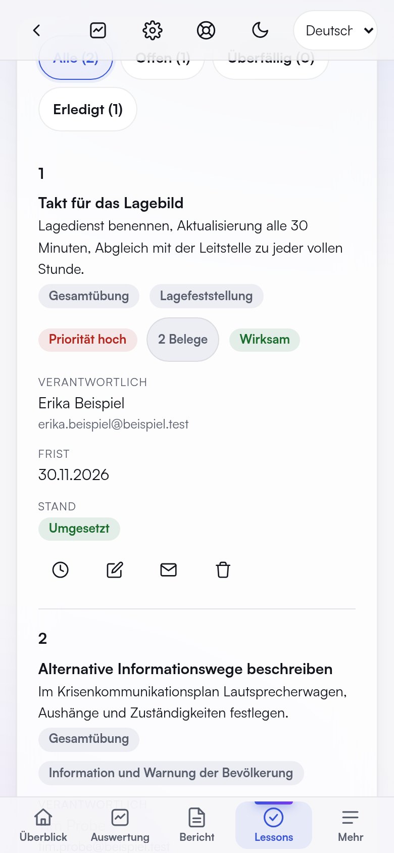 Lessons Learned am Handy als Karte mit Verantwortlichem und Frist – Demodaten