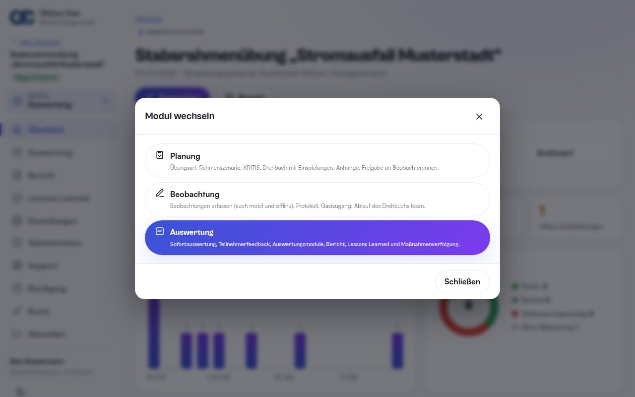 Dialog zum Wechsel zwischen den Modulen Planung, Beobachtung und Auswertung – Demodaten