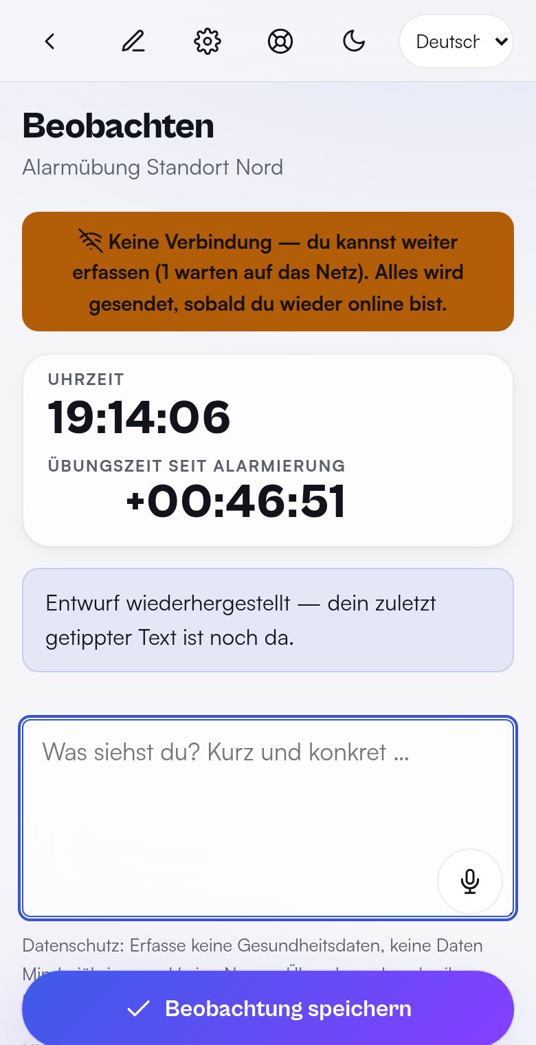 Handy-Ansicht mit Hinweis „Keine Verbindung – du kannst weiter erfassen“ und wiederhergestelltem Entwurf – Demodaten