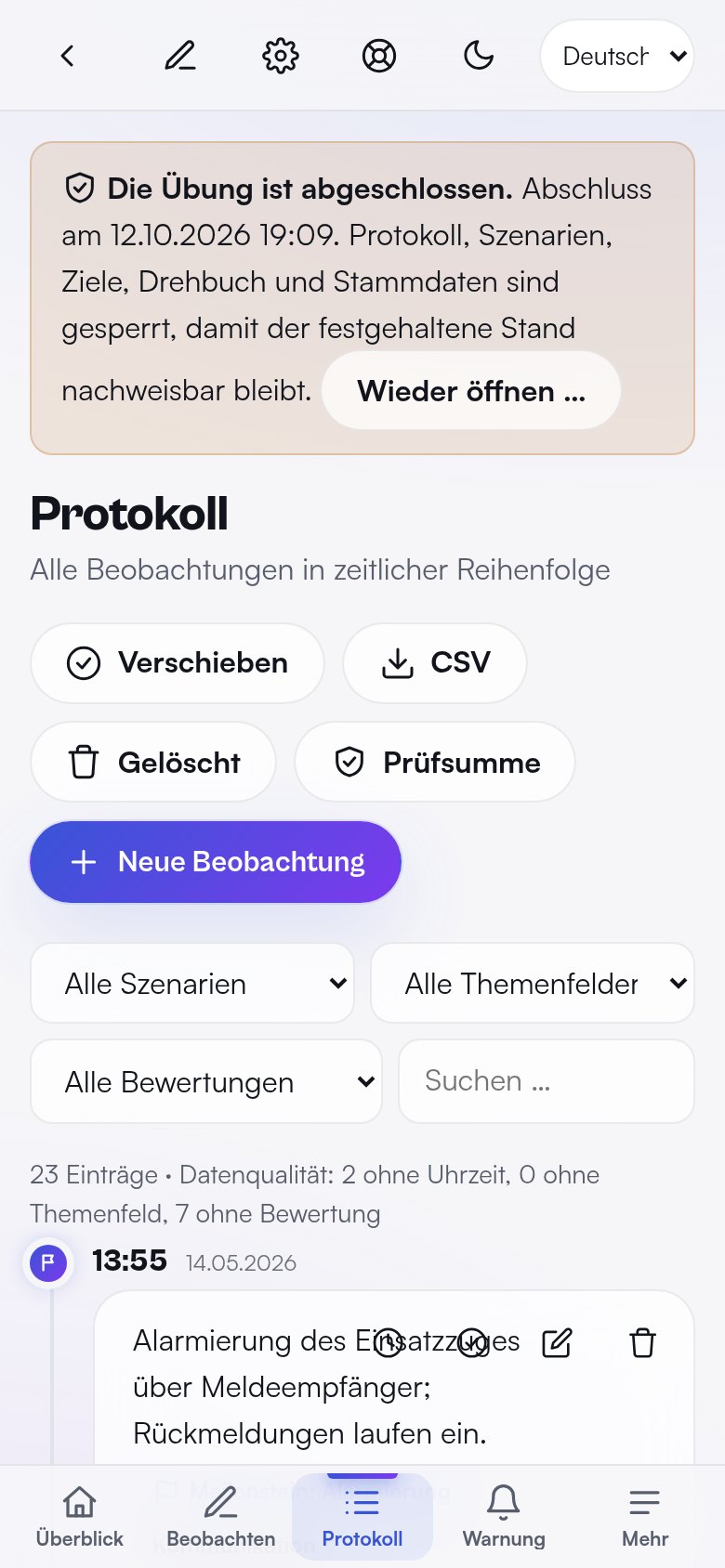 Protokoll einer Übung am Handy mit Filtern und Beobachtungen – Demodaten