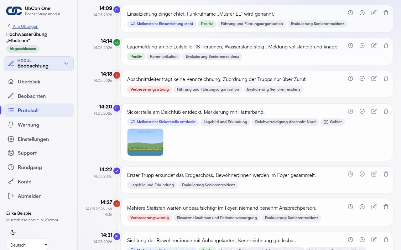 Protokoll einer Übung am PC mit Zeitleiste der Beobachtungen – Demodaten