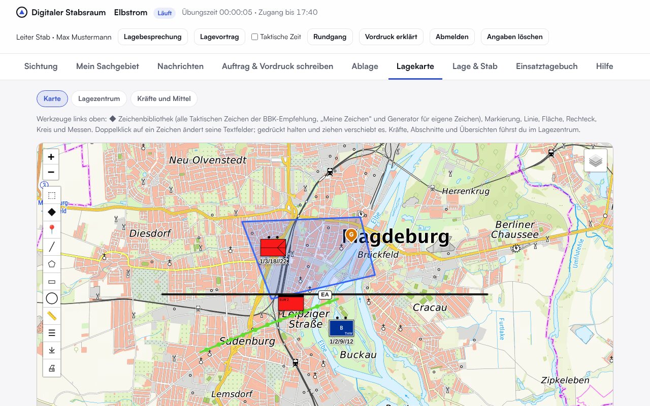Lagekarte des Digitalen Stabsraums mit Taktischen Zeichen, Abschnitt und Rettungsweg — Demodaten