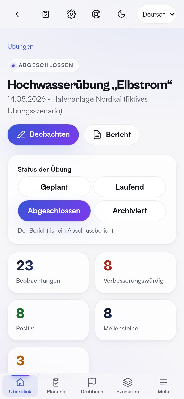 Übungsüberblick am Handy mit Kennzahlen – Demodaten