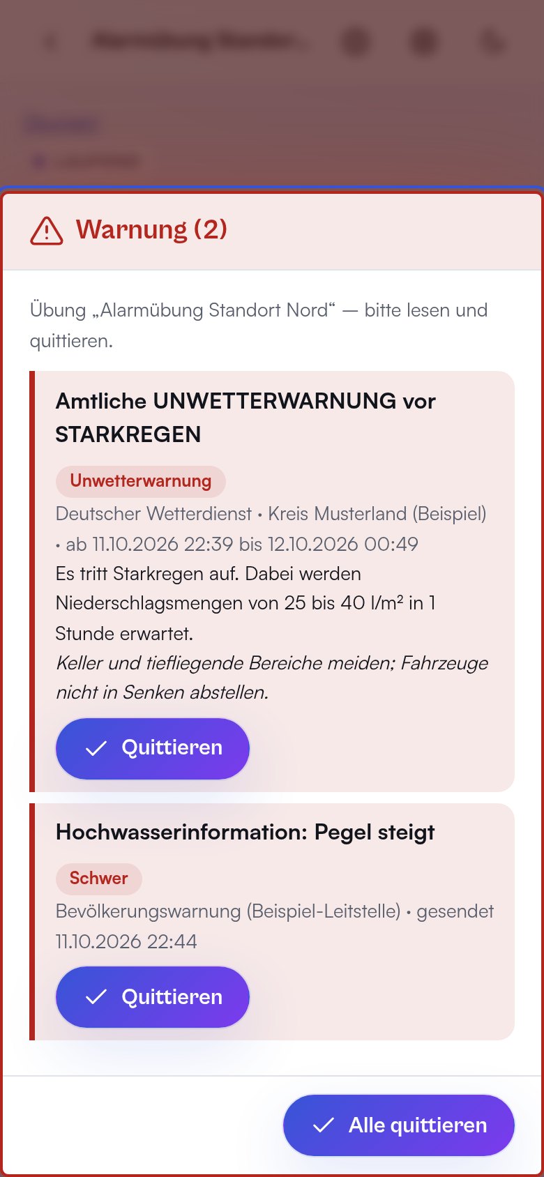 Hinweisfenster mit Beispielwarnungen am Handy – Demodaten