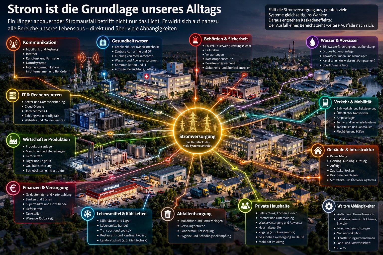 Infografik: Die Stromversorgung im Zentrum eines Abhängigkeitsnetzes mit zwölf Lebensbereichen – Kommunikation, Gesundheitswesen, Behörden & Sicherheit, Wasser & Abwasser, IT & Rechenzentren, Verkehr & Mobilität, Wirtschaft & Produktion, Gebäude & Infrastruktur, Finanzen & Versorgung, Lebensmittel & Kühlketten, Abfallentsorgung sowie private Haushalte – mit Hinweis auf Kaskadeneffekte bei einem Stromausfall
