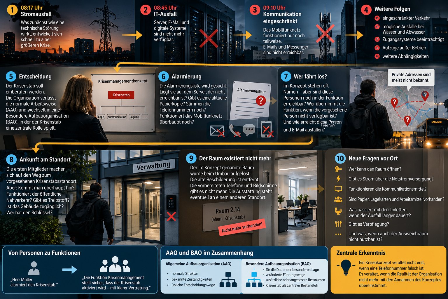 Infografik mit zehn Schritten eines Szenarios: 1) 08:17 Uhr Stromausfall, 2) 08:45 Uhr IT-Ausfall, 3) 09:10 Uhr Kommunikation eingeschränkt, 4) weitere Folgen wie eingeschränkter Verkehr und beeinträchtigte Zugangssysteme, 5) Entscheidung zur Aktivierung des Krisenstabs und Wechsel von AAO zu BAO, 6) Alarmierung über eine möglicherweise veraltete Liste, 7) offene Frage, wer zum Krisenstab fährt, 8) Ankunft am Standort trotz unklarer Zugänglichkeit, 9) der vorgesehene Krisenstabsraum existiert nach einem Umbau nicht mehr, 10) neue Fragen vor Ort zu Schlüssel, Strom, Kommunikationsmitteln, Arbeitsmitteln, Toiletten und Verpflegung. Dazu drei Erläuterungsboxen: Von Personen zu Funktionen, AAO und BAO im Zusammenhang, sowie die zentrale Erkenntnis, dass ein Krisenkonzept veraltet, wenn die Realität der Organisation nicht mehr mit seinen Annahmen übereinstimmt.