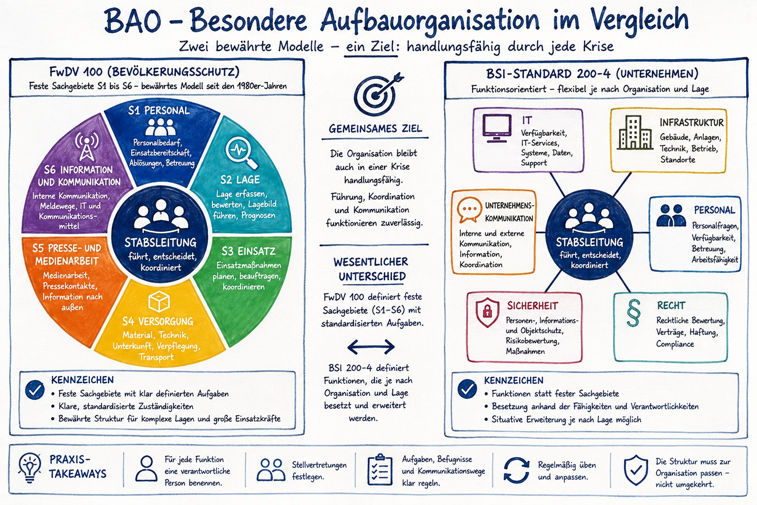 Infografik: Vergleich der Besonderen Aufbauorganisation nach FwDV 100 mit den sechs festen Sachgebieten S1 bis S6 im Bevölkerungsschutz und dem BSI-Standard 200-4 mit sechs funktionsorientierten Rollen für Unternehmen – IT, Infrastruktur, Unternehmenskommunikation, Personal, Sicherheit, Recht, jeweils um die Stabsleitung gruppiert