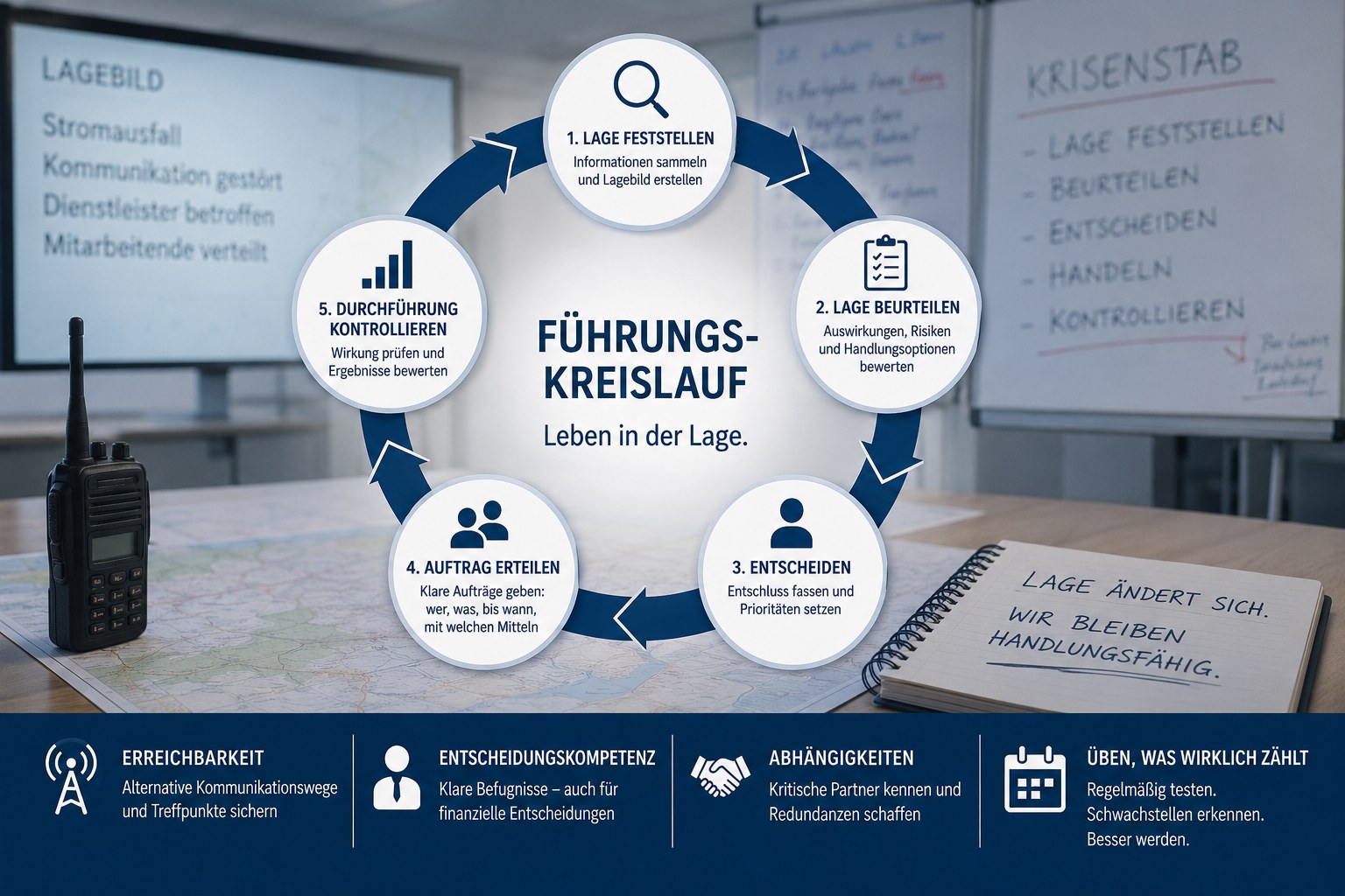 Der Führungskreislauf aus fünf Schritten: Lage feststellen, Lage beurteilen, Entscheiden, Auftrag erteilen, Durchführung kontrollieren – dargestellt über einem Foto aus einem Krisenstabsraum mit Funkgerät, Lagekarte und der Notiz „Lage ändert sich. Wir bleiben handlungsfähig.“