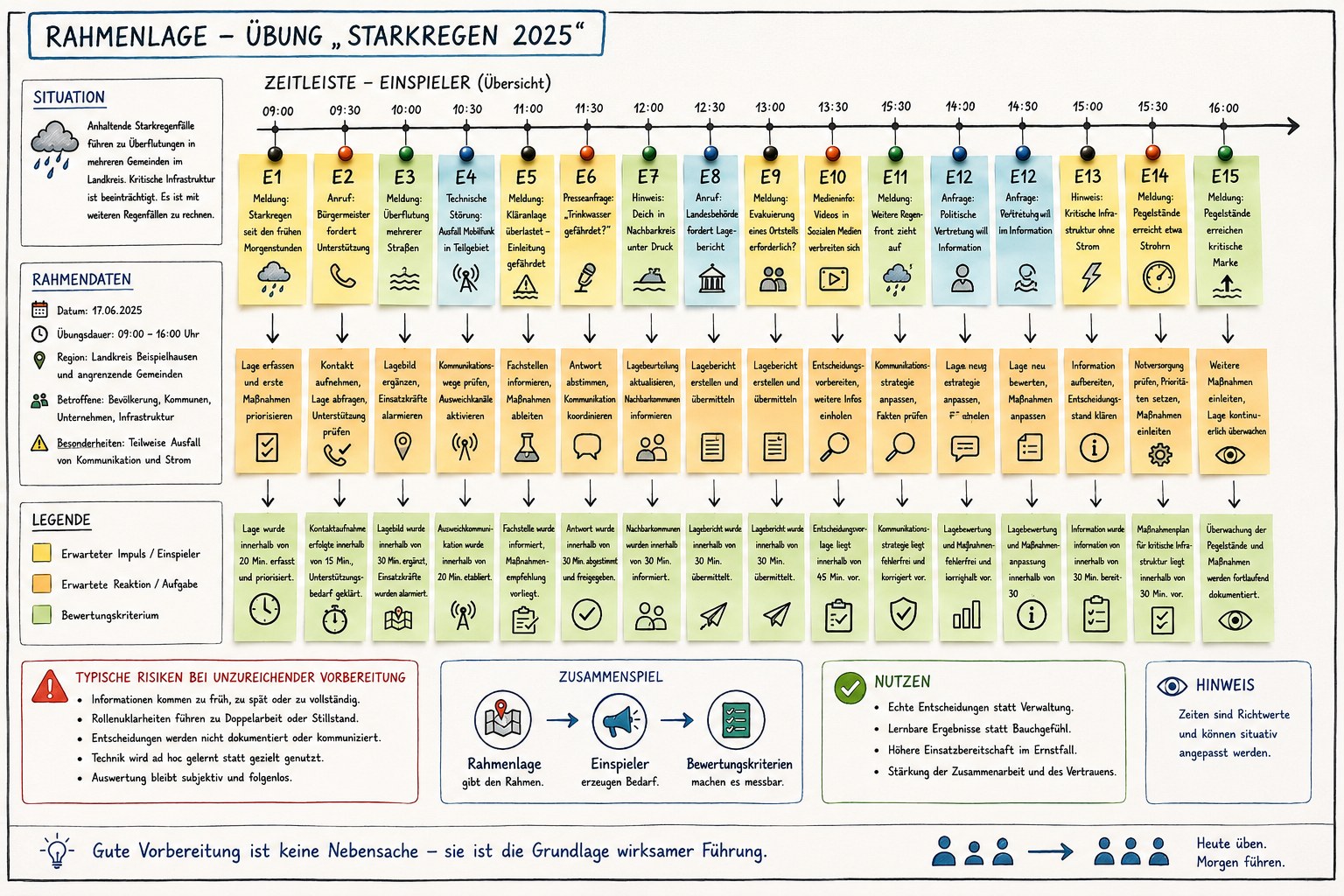 Infografik: Beispielhafte Rahmenlage 'Übung Starkregen 2025' mit einer Zeitleiste aus 15 Einspielern von 09:00 bis 16:00 Uhr – jeweils Meldung, erwartete Reaktion und Bewertungskriterium – sowie Hinweisen zu typischen Risiken bei unzureichender Vorbereitung und zum Zusammenspiel von Rahmenlage, Einspielern und Bewertungskriterien