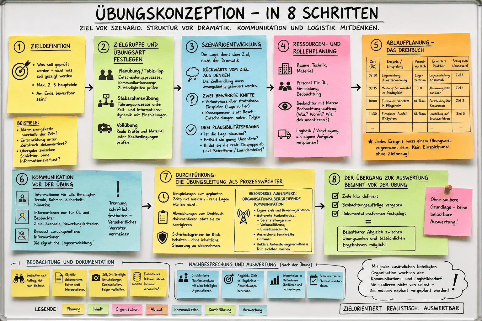 Whiteboard-Skizze 'Übungskonzeption – in 8 Schritten': Zieldefinition, Zielgruppe und Übungsart, Szenarioentwicklung, Ressourcen- und Rollenplanung, Ablaufplanung, Kommunikation vor der Übung, Durchführung und der Übergang zur Auswertung, jeweils mit Beispielen und Beobachtungshinweisen.